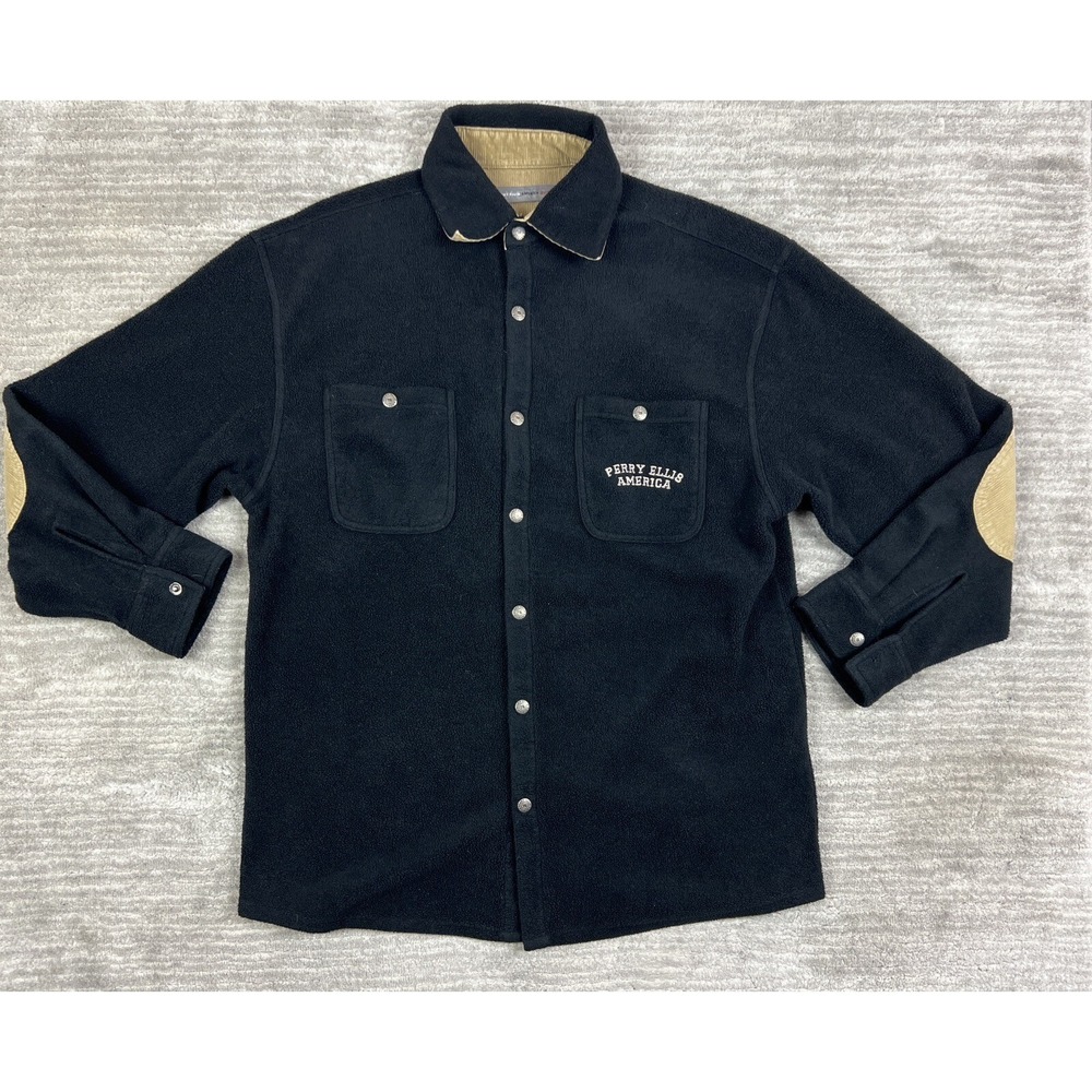 Perry Ellis America Fleece Shirt Jacket Mens L Black Corduroy Elbow Patch Active